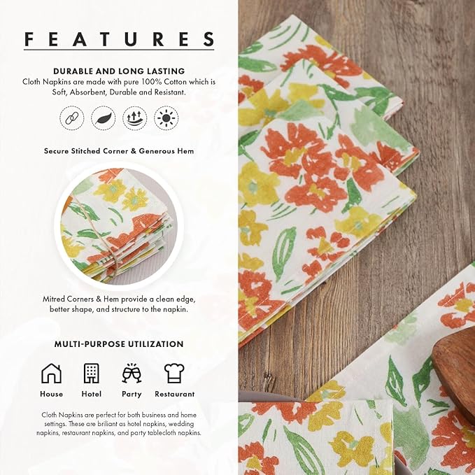 TARAN LIVING Cloth Napkins Set of 4, Printed Floral Cotton Dinner Napkins, Soft Washable Table Napkin Set Holiday Farmhouse Décor - 18"x18"