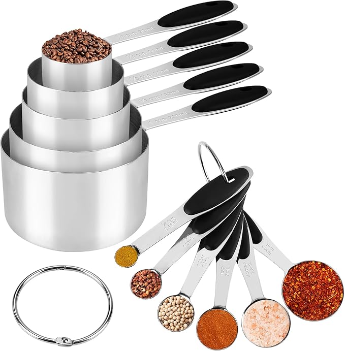Accmor 11 Piece Metal Measuring Spoons Cups Set, Premium Stainless Steel Stackable Tablespoons Measurement kit, Kitchen Gadgets Cups and Spoon for Dry Liquid Ingredients Cooking Baking (Black Handle)