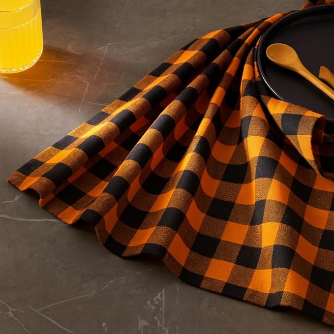 Cloth Napkins Set of 12, 100% Cotton Dinner Napkins 18x18 Inch, Soft Absorbent Gingham Check Napkin for Restaurant, Table Décor, Reusable Washable for Everyday Use - Orange/Black