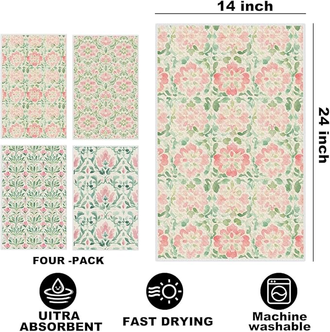 4 Pcs Watercolor Floral Kitchen Towels, Artistic Pink Green Decorative Absorbent Microfiber Dish Cloth Tea Towel, Durable Waffle Hand Towels for Farmhouse Home Bathroom, Housewarming Gifts