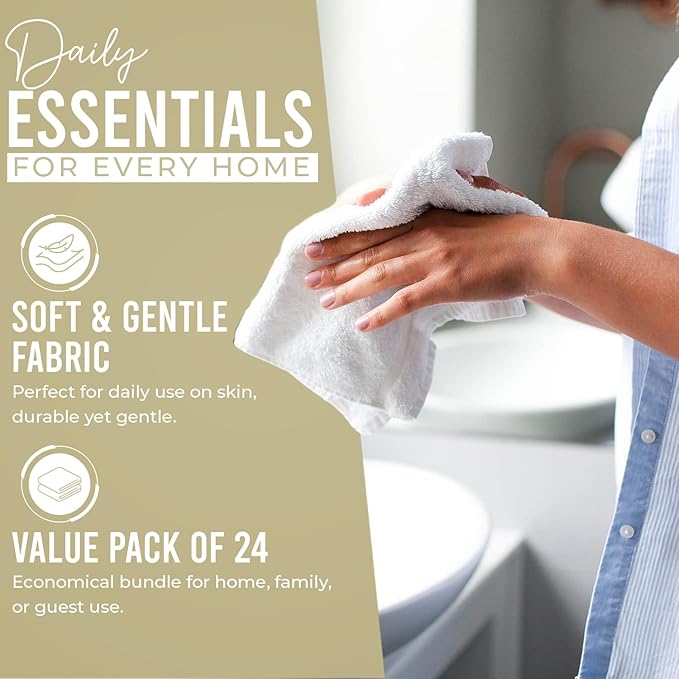 DAN RIVER 24 Pack Wash Cloths for Showering [12x12] - 100% Cotton Washcloths Premium Quality Flannel Face Cloths for Bathroom, Highly Absorbent and Soft Feel Wash Clothes, Ivory