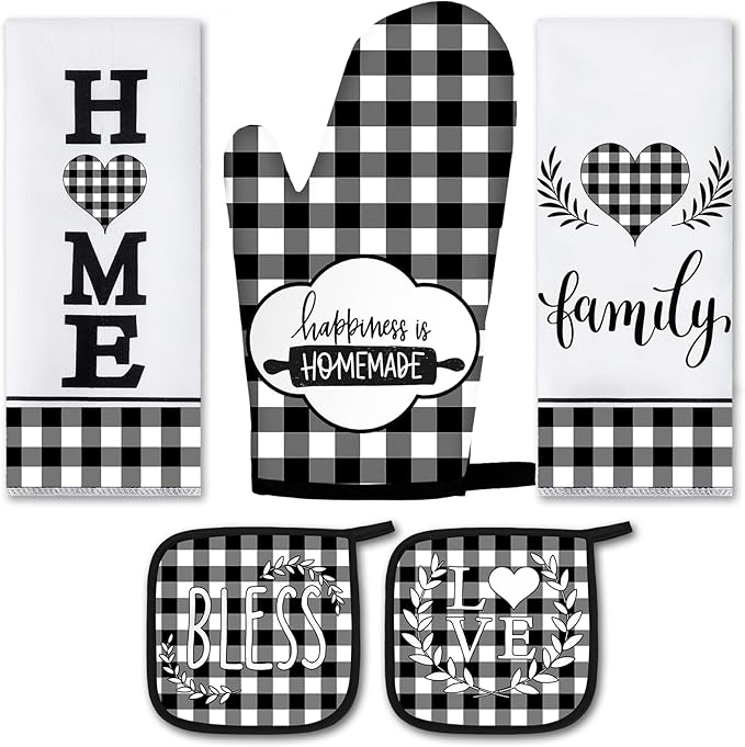 5 Pieces Buffalo Plaid Kitchen Towels Oven Mitts and Pot Holder Set Black and White Kitchen Towels Oven Gloves, Hot Pads Pot Holders for Farm House Accessories Decor(Heart)