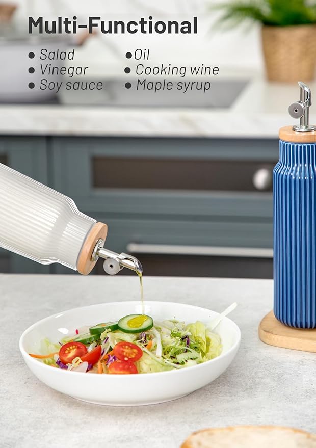 Nucookery 20oz Ceramic Olive Oil Dispenser Bottle for Kitchen spray, Large Capacity Cooking Oil Container for Storage Vinegar, Soy Sauce, Coffee Syrup, Liquids, White