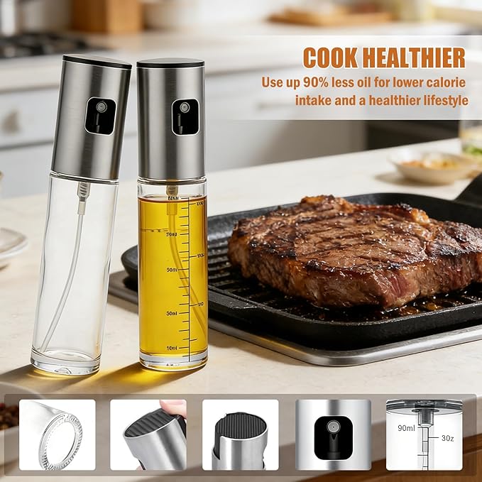 Oil Sprayer for Cooking, Upgraded 2 Pack Refillable Olive Oil Spray Bottle Mister with Brush for Air Fryer Oil Vinegar Portable Glass Kitchen Gadget for BBQ, Salad, Roasting, Grilling Local Stock