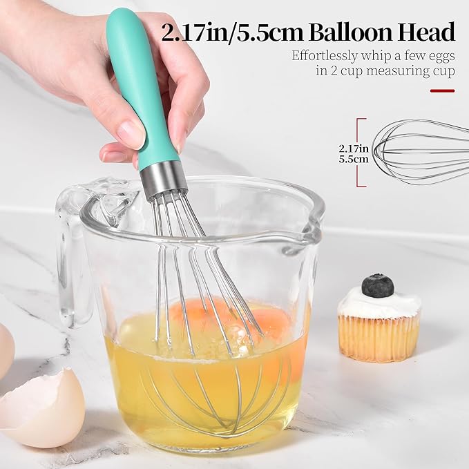 Small Whisk: Stainless Steel 9in Wire Balloon Wisk Kitchen Egg Whisker Heavy Duty Hand Mixer for Cooking Baking Whipping Blending Mixing Stirring Sauce, Flour, chocolate (Aqua Sky)