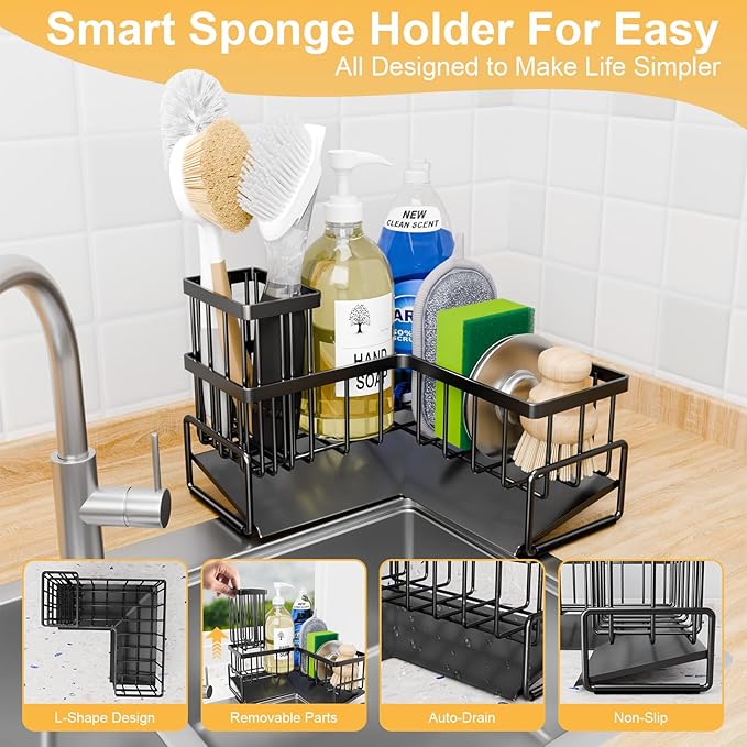 TEAMOLA L-Shaped Kitchen Sponge Holder, Extra Large Sponge Caddy for Sink, Black Sponge Caddy for Kitchen with Brush Holder, Metal Kitchen Countertop Organizer Essentials for Sink Sponge Caddy