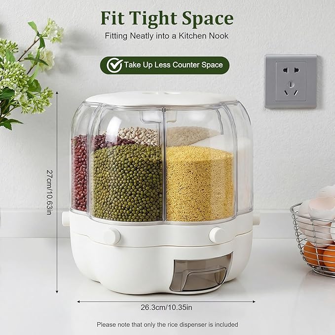 Rice Dispenser, 6 Grid 360° Rotating Rice Container Cereal Dispenser with Lid, Grain Storage Organizer Cereal Holder for Kitchen Countertop Dry Food, White, 8kg/18lbs