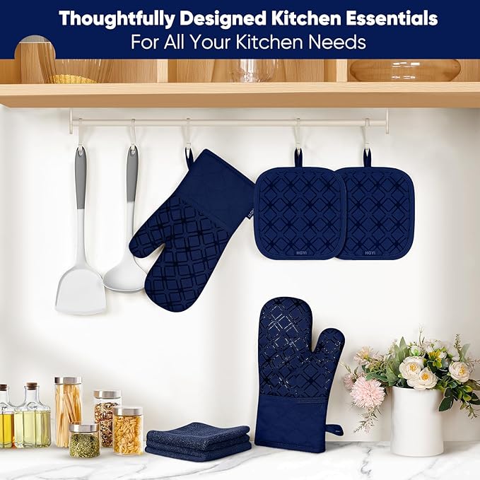 Oven Mitts and Pot Holders Set with Dishcloths, 500 Degree Heat Resistant Oven Gloves and Hot Pads, Premium Soft Cotton Kitchen Mittens and Dish Cloth Sets-Marine Blue