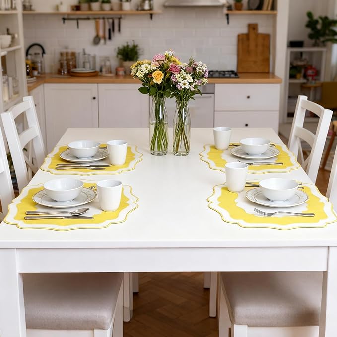 Embroidery Cotton Linen Placemats Set of 4, HADEEONG Table Mats Cloth Placemats, Washable Wrinkle Resistance, Double Layer Scalloped Fabric Placemats, 17.7 x 13.4inch (White with Yellow, 4)