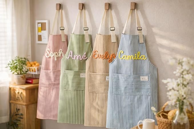 Personalized Apron for Women with Custom Name – Handmade 3D Crochet Corduroy Kitchen Apron with Pocket | Cute Cooking Baking Apron | 20+ Colors | Mother’s Day Gift for Mom