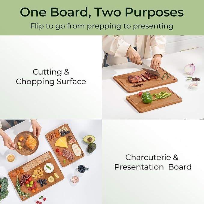Keechee Butcher Block 2-Pcs Carbonized Bamboo Cutting Board Set With Juice Groove For Meal Prep & Cheese Serving - Ideal Kitchen Gift Set of 2 (M+L)