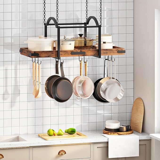 HOOBRO Hanging Pot Rack, 32-Inch Pot Hanger for Kitchen, Hanging Pan Rack with 10 Detachable S Hooks, Sturdy Metal Fram, for Pot, Pan Storage, Space-Saving, Rustic Brown and Black BF80TL01