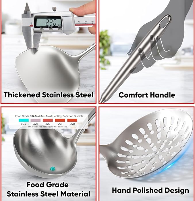 Newness 11 Pcs Cooking Utensils Set, 304 Stainless Steel Kitchen Utensils Set, Metal Kitchen Accessories, Include Soup Ladle, Slotted Skimmer Spoon, Spaghetti Spoon and Spatula, Dishwasher Safe