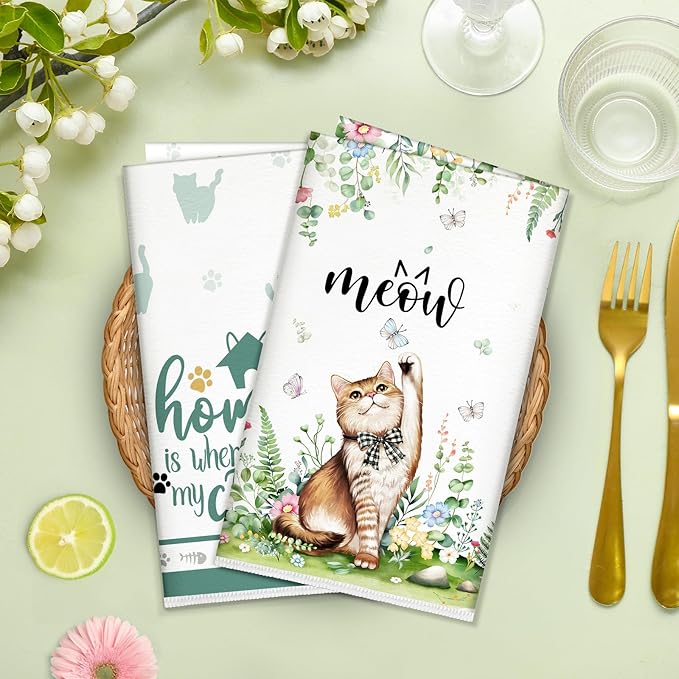Cute Cat Spring Summer Microfiber Kitchen Towels, Soft Absorbent Hand Towel 15.7 × 23.6 Inch, Thick Dish Cloth for Party Anniversary Holiday Decoration, Housewarming Gifts for Mom