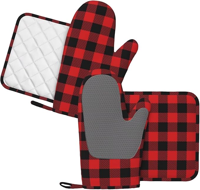 Buffalo Plaid Black and Red Oven Mitts and Pot Holders Set, 4pcs Black Red Plaid Silicone Oven Glove for Kitchen Heat Resistant Oven Mitts and Potholders Non-Slip for Cooking