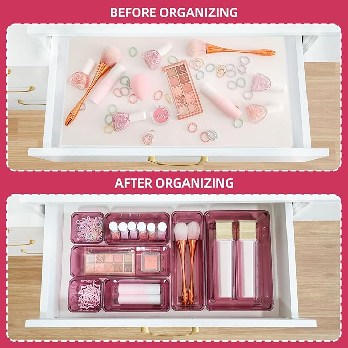 Kitchen Desk Drawer Organizers Storage for Office, Small Acrylic Vanity Trays Makeup for Drawer Bathroom Plastic Make up Organizers 25 Pcs Burgundy