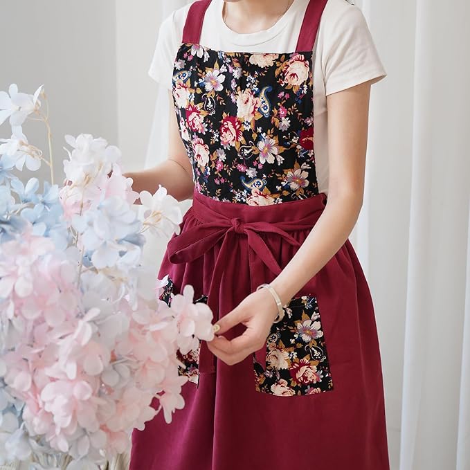 Pinknoke Vintage Pinafore Apron Dress for Women with Pockets Cute Floral Chef Aprons for Kitchen Cooking Baking Gardening