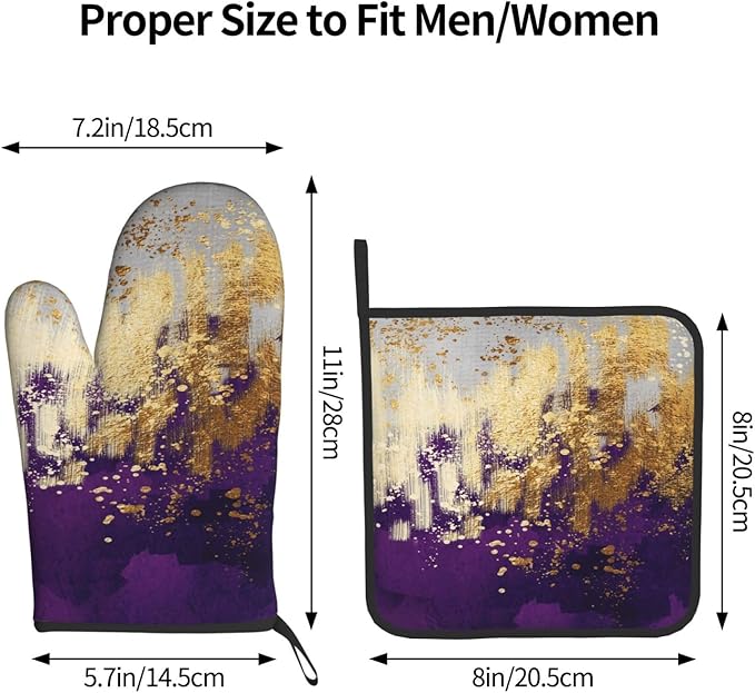3 - Piece Purple and Gold Splash Patterned Oven Mitts and Pot Holders Set, Heat Resistant Non-Slip Modern Abstract Art Purple Kitchen Gloves for Cooking Baking Grilling, Gifts for Women, Home Decor