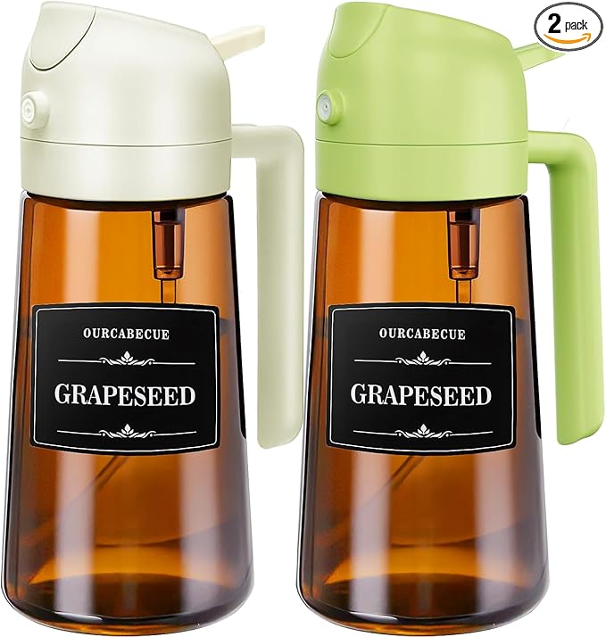 OURCABECUE Kitchen Upgraded Made Oil Sprayer for Cooking, Dark Brown 2 in 1 Spray and Pour Mist Olive Oil Dispenser 16oz 470ml Glass Oil Spray Bottle, Air Fryer (White+Green)