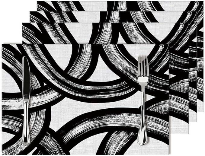 Black and White Curve Patterned Linen Placemats Set of 4, Washable Non-Slip Heat-Resistant Modern Abstract Art Decorative Kitchen Table Mats for Kitchen Dining Table Home Party Farmhouse, Home Decor