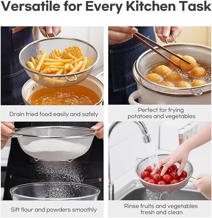 8″ Stainless Steel Fine Mesh Strainer with Feet – Standing Colander with Handle for Strain, Sift, Drain & Rinse Vegetables, Fruits & Pasta
