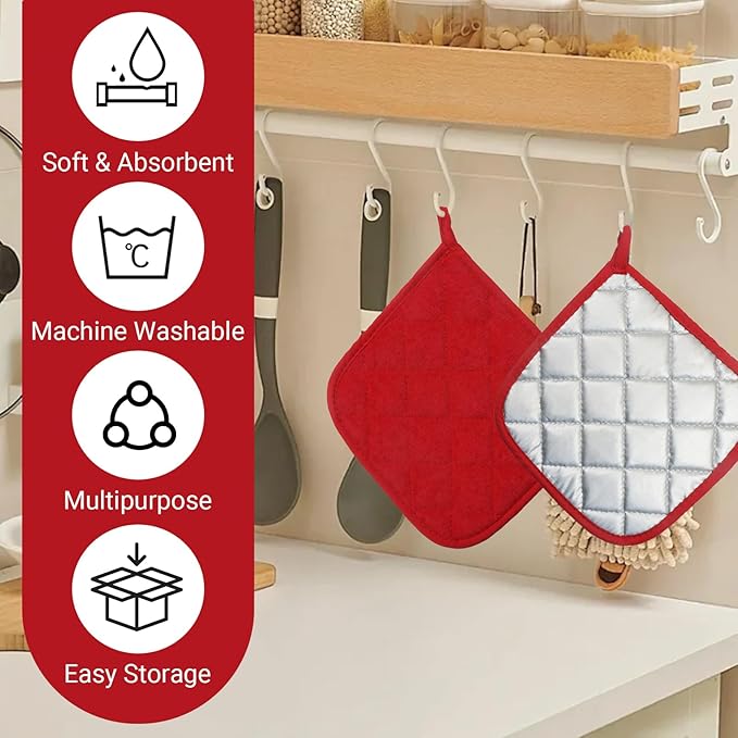 4 Pcs Quilted Pot Holder, Cotton Heat Resistant Hot Pads for Kitchen, Countertops, Oven Pot Holders (Red)
