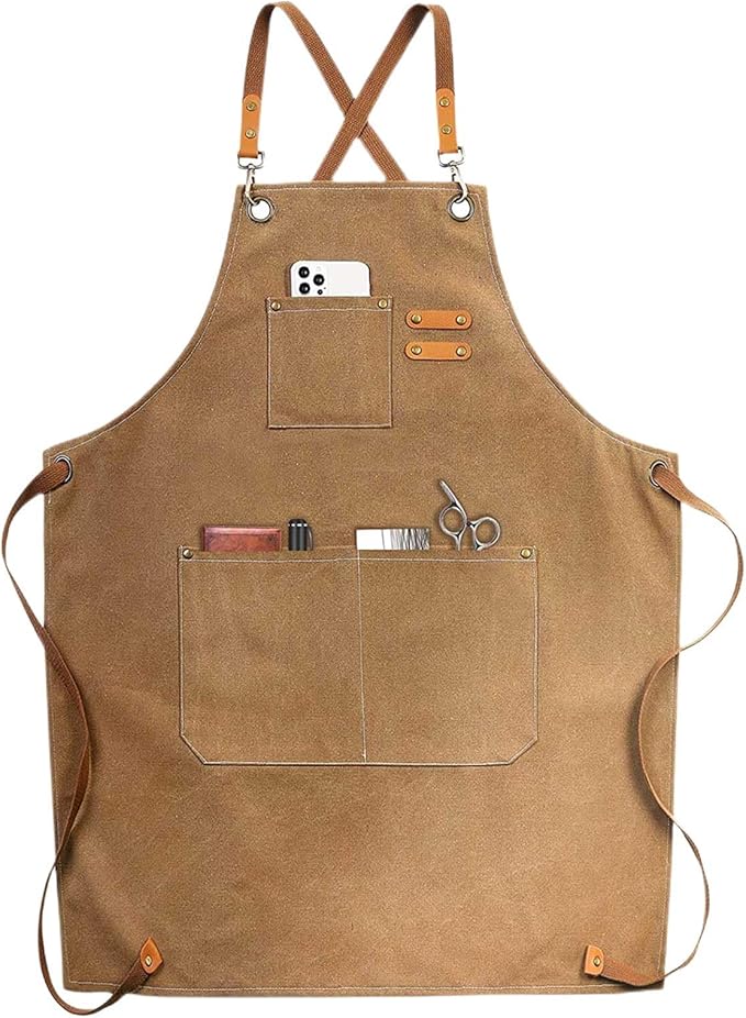 LZMS Chef Apron for Men & Women, Canvas Cross Back Work Apron with 3 Large Pockets, Water-Resistant, Adjustable Size M-XXL