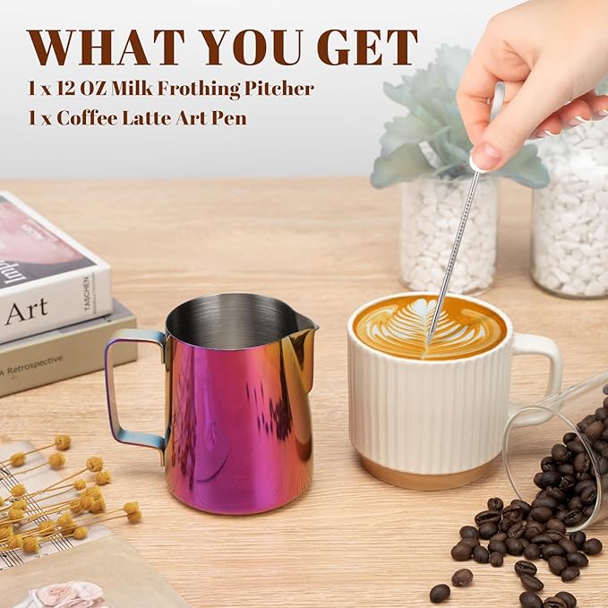 Amrules Milk Frothing Pitcher, 12 oz Milk Frother Cup with Clear Scale, 304 Stainless Steel Cappuccino Espresso Machine Accessories for Barista Coffee Bar with Latte Art Pen, Multipurple