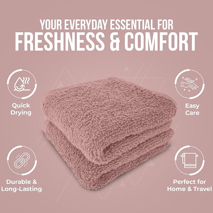DAN RIVER 12 Pack Wash Cloths for Showering [12x12] - 100% Cotton Washcloths Premium Quality Flannel Face Cloths for Bathroom, Highly Absorbent and Soft Feel Wash Clothes, Dusty Pink