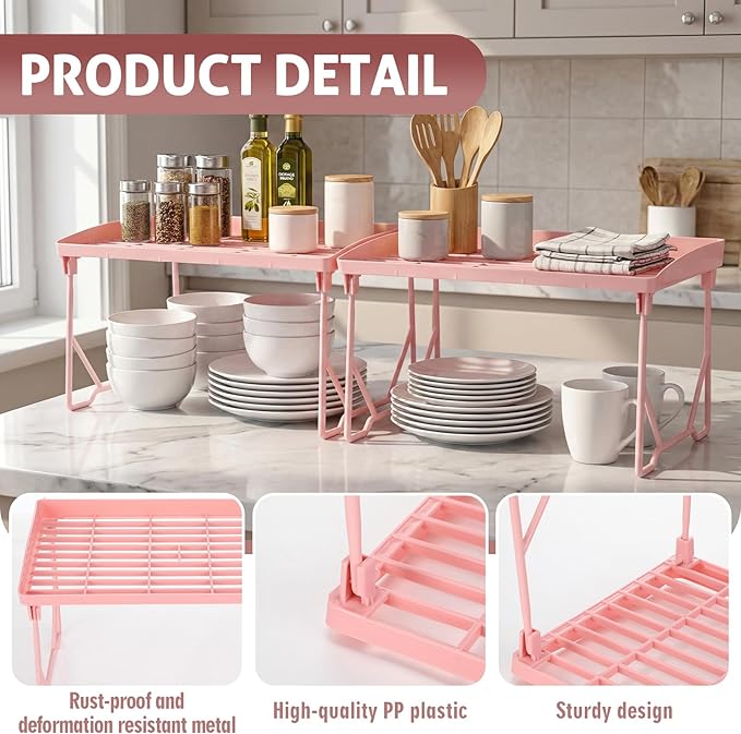 6 Pack Pink Stackable Plastic Kitchen Storage Shelf Foldable Racks, Pantry Shelf Cabinet Organizers, Expandable Storage Rack for Cabinet Fridge Bathroom (Plastic)