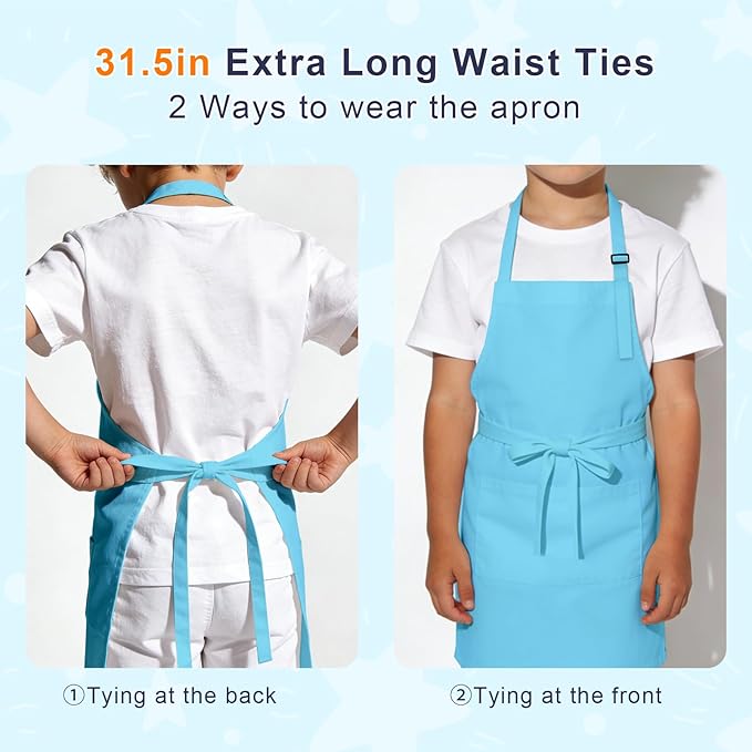 Kids Apron and Chef Hat Set, 16 Pieces Boys Girls Kids Apron with 2 Pockets Adjustable for Cooking Classroom Baking Painting, 6-13 Years, Bright Color
