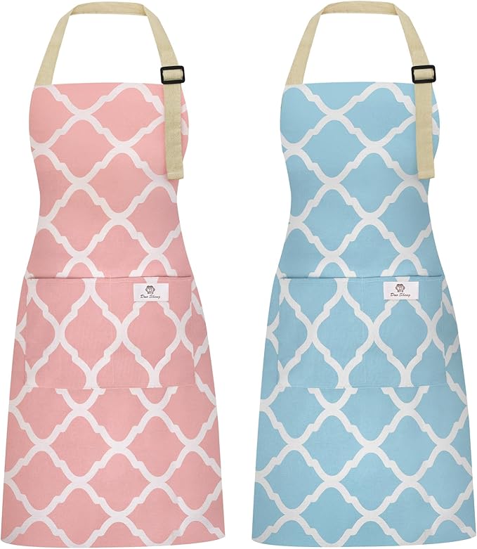 2 Pieces Aprons for Women with Pockets, Cotton Linen Waterproof Kitchen Cooking Aprons, Chef Apronfor Men Women with Adjustable Neck Strap and Long Ties(Pink/Blue)