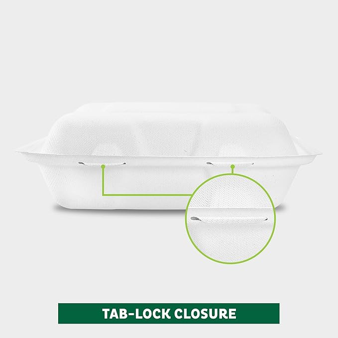 Freshware Clamshell Food Containers with Lids [6x6" 100-Pack] Disposable To Go Containers, Biodegradable Sugarcane To Go Boxes - Paper Container - Microwave & Freezer Safe, Stackable