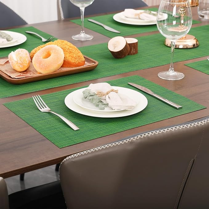 Myir JUN Placemats Set of 10, Vinyl Woven Placemats Place Mats Indoor Set of 10 Washable Table Mats Non-Slip Place mats for Dining Table (Dark Green)