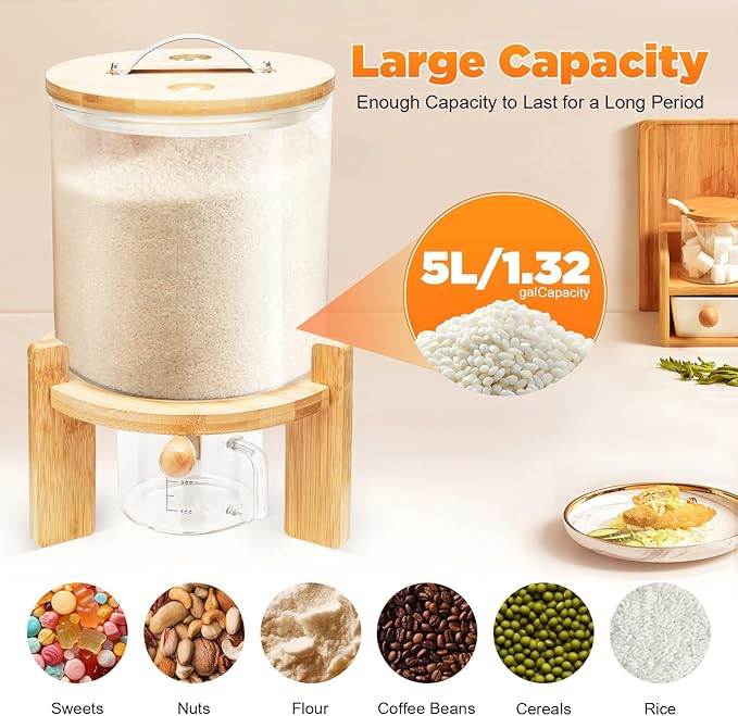Rice Dispenser, 5L Glass Rice Container Cereal Container with Bamboo Stand Large Food Storage Container Flour Organization with Airtight Lid & Measuring Cup for Grain Legumes (5L)