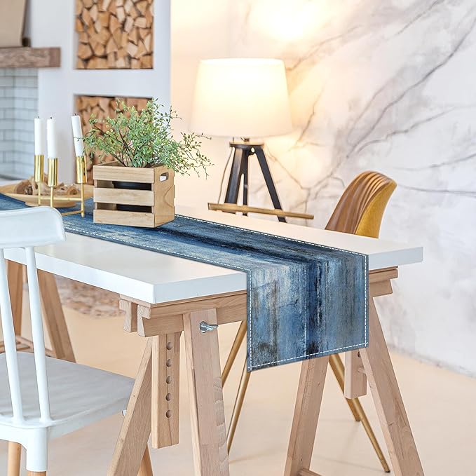 Blue Grey Long Table Runners Modern Art Farmhouse Linen Table Runners Dresser Scarves Retro Rustic Style for Party Kitchen Dining Table Coffee Holiday Party Decor (13"x108")