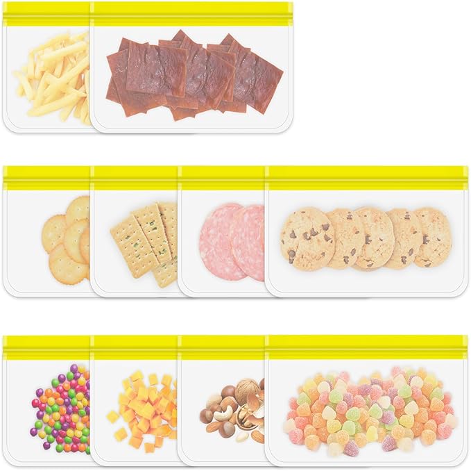 Reusable Snack Bags, 10 Pack 8.7x5.3 Inch Dishwasher Safe Silicone Food Storage Bags for Marinating Meats, Sandwich, Cereal (Yellow)
