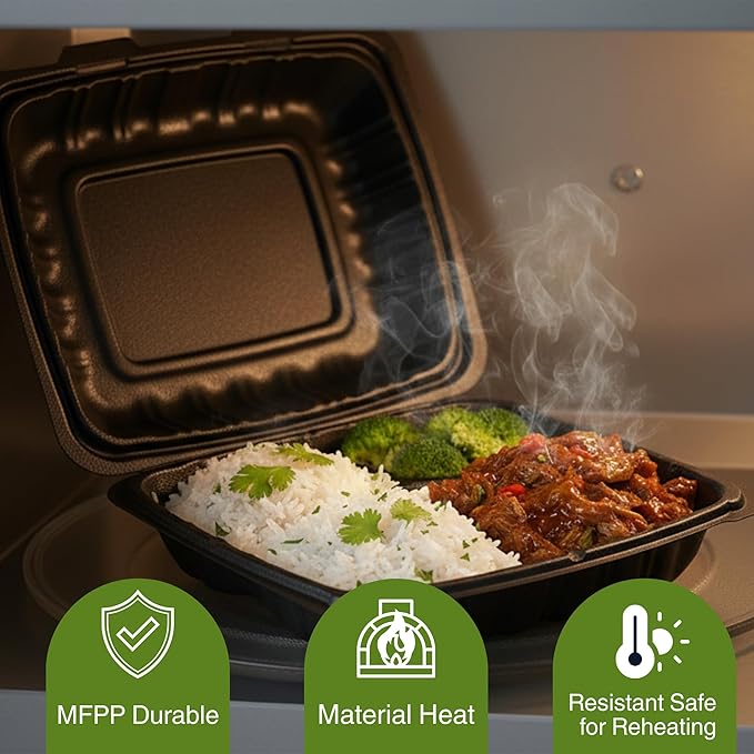 Front Lock MFPP Hinged Container, Black, Vented Clamshell- 1 Compartment, 8" x 8", Disposable Takeout Boxes, Durable Microwaveable Containers for Restaurants & Food Service 150pc