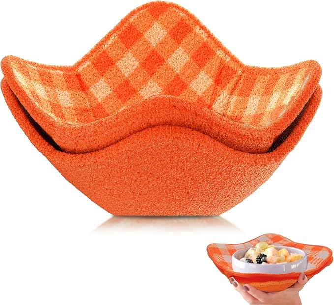 Set of 2 Orange White 7" sq. x 4" H Soup Cozy Potholders Polyester Bowls Hot Pads - Safe Microwave Bowl Holders for Hot Food - Hot Pot Bowl Warmer Cozy Holder for Cute Plates - Microwave Bowls