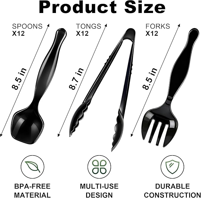 36Pcs Disposable Plastic Serving Utensils Set, 12 Black Spoons, 12 Forks, 12 Tongs, 9-Inch for Party Buffet Catering Events, Heavy Duty and Ergonomic Design (Black)