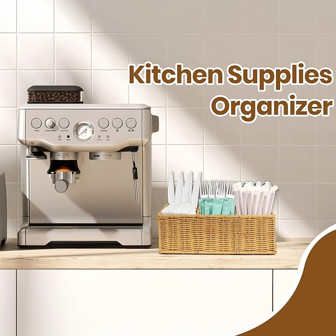 Wicker Utensil Caddy, Woven Rattan Silverware Caddy, Countertop Cutlery Storage Basket Flatware Organizer, Knife Fork Spoon Holder for Party, Cabinet Tabletop Utensil Holder (L, brown)