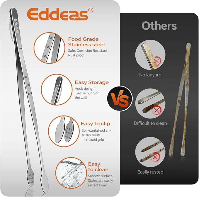 Eddeas Kitchen Tweezers Tongs, Cooking Tweezers Stainless Steel - 3 Size 12'' 10'' & 8 inch Ideal for Meat, pasta, plating and pinching delicate small pieces of food, Set of 3