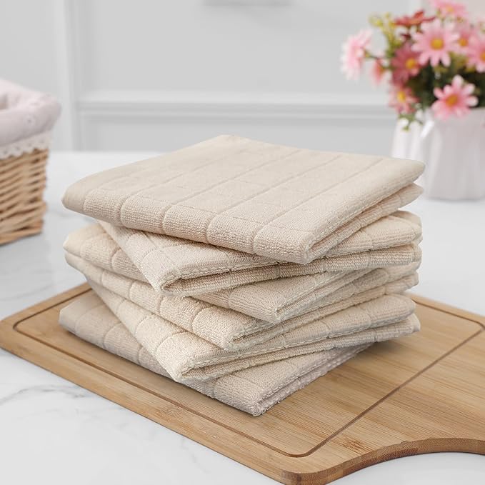 Homaxy 100% Cotton Terry Kitchen Dish Cloths, Ultra Soft and Absorbent Dish Towels for Kitchen, Suitable for Drying and Washing Dishes, 4 Pack, 12 x 12 Inches, Beige