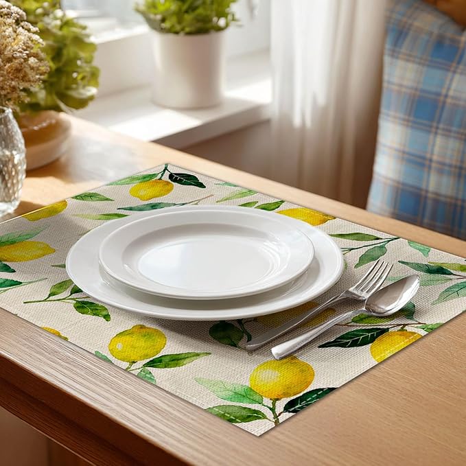 HOMETITUTE Linen Placemats Set of 4 12x18 inch Spring Table Mats for Dining Table Lemon Pattern Farmhouse Decorations Kitchen Decor Desk Mat for Outdoor Home Party Kitchen Seasonal Dining Decor