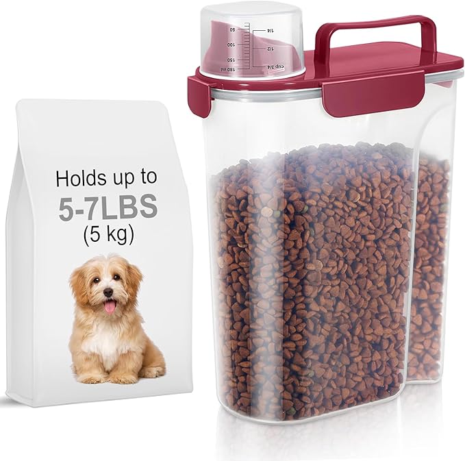 LEAWALK 5-7Lbs Dog Cat Food Storage Container with Upgraded Large Nozzle BPA-free, 4 Snap Seals Plastic Pet Food Storage Containers with Handles (Elegant Red, 5L-1pack)