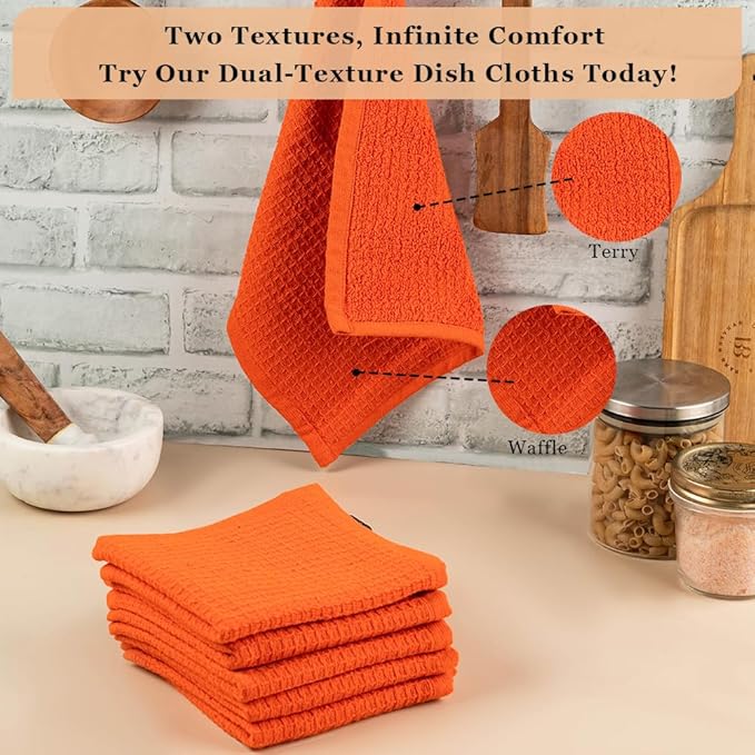 Dish Towels|Kitchen Dish Cloths Two-Sided Waffle Terry|12x12 Inches 100% Cotton Dish Rags Washing Dishes|Super Absorbent Reusable Quick Drying Dish Towels|Spring Easter Basket Decor| 6-Pc Set-Orange