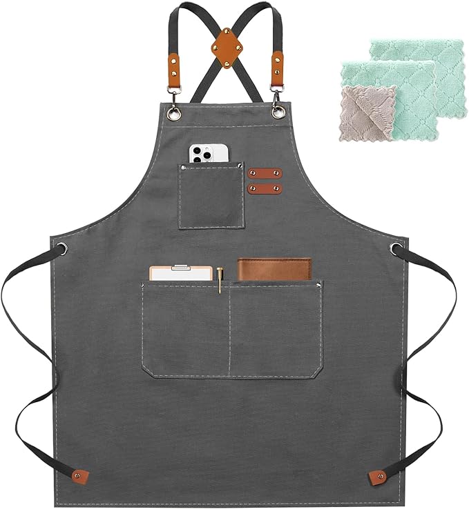 ZOMAO Chef Apron for Women Men with Large Pockets, Cotton Canvas Cross Back Waterproof Work Aprons for Kitchen Cooking Bib