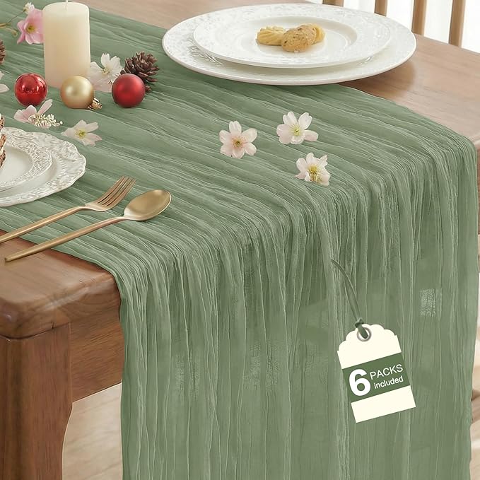 IVAPUPU 6 Pcs Cheesecloth Table Runner - 10ft Sage Green Spring Boho Gauze Cheese Cloth Table Runners for Baby Shower Decorations Wedding Party Garden Farmhouse