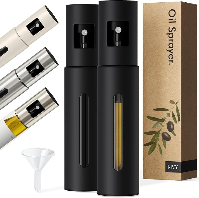 KIVY Glass Oil Sprayer Set of 2 for Cooking, Salads, BBQs & Airfryer – Innovative Spray with Portion Control - Oil Spray Bottle with Stainless Steel Body - Olive Oil Sprayer - Cooking Oil Mister
