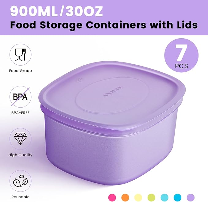 7-Piece Meal Prep Containers — 3.75-Cup Reusable Airtight Plastic Food Storage Containers with Lids, BPA-Free, Microwave/Freezer/Fridge Safe, Stackable Lunch & Leftovers Organizer(900ml)